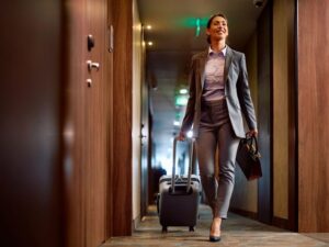 Smiling-entrepreneur-with-suitcase-arriving-at-the-hotel-during-her-business-travel